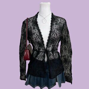 vintage 90s black lace goth grunge whimsygoth sheer tie front top
